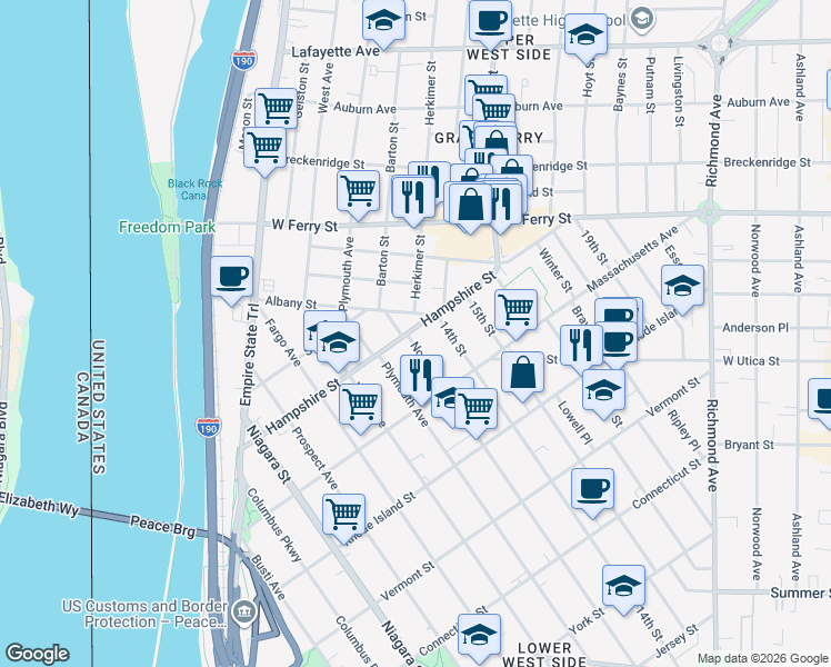 map of restaurants, bars, coffee shops, grocery stores, and more near 469 Normal Avenue in Buffalo