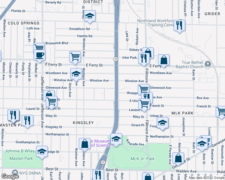 map of restaurants, bars, coffee shops, grocery stores, and more near 557 Glenwood Avenue in Buffalo