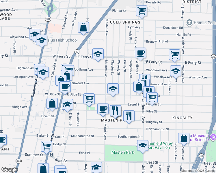 map of restaurants, bars, coffee shops, grocery stores, and more near 353 Masten Avenue in Buffalo