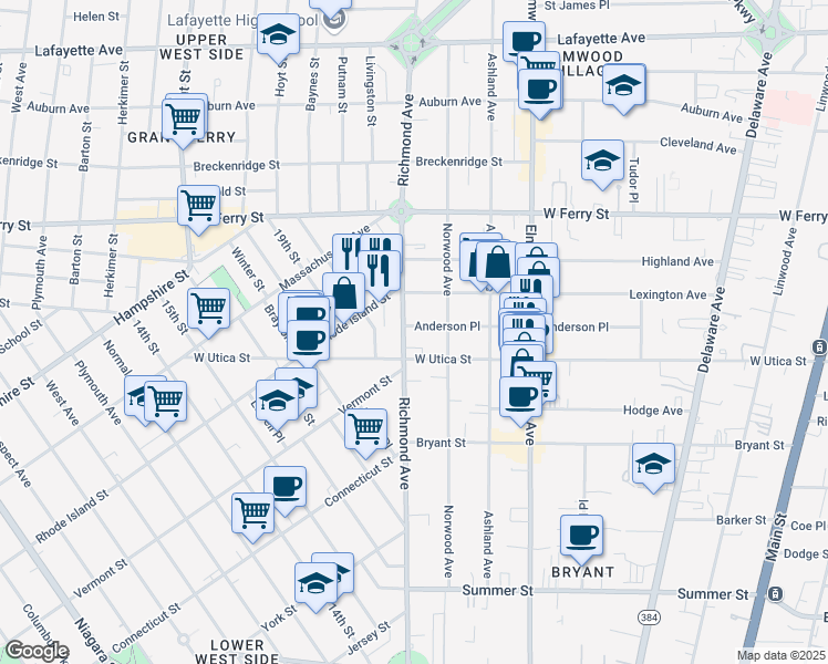 map of restaurants, bars, coffee shops, grocery stores, and more near 356 Richmond Avenue in Buffalo