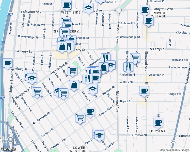 map of restaurants, bars, coffee shops, grocery stores, and more near in Buffalo