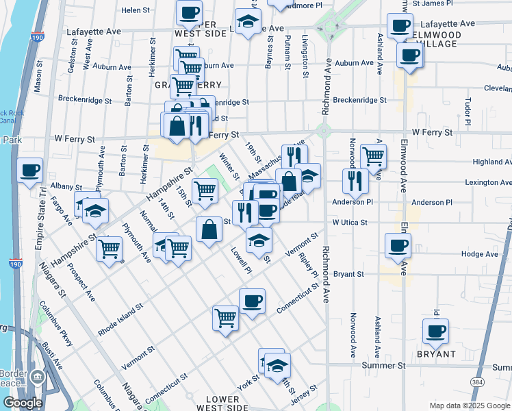 map of restaurants, bars, coffee shops, grocery stores, and more near in Buffalo