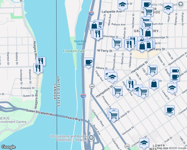 map of restaurants, bars, coffee shops, grocery stores, and more near 1050 Niagara Street in Buffalo