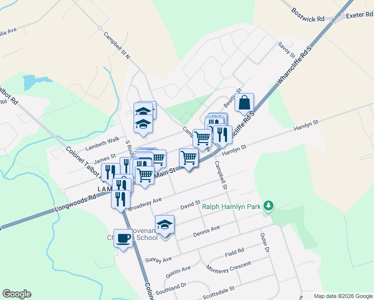 map of restaurants, bars, coffee shops, grocery stores, and more near 6765 Beattie Street in London