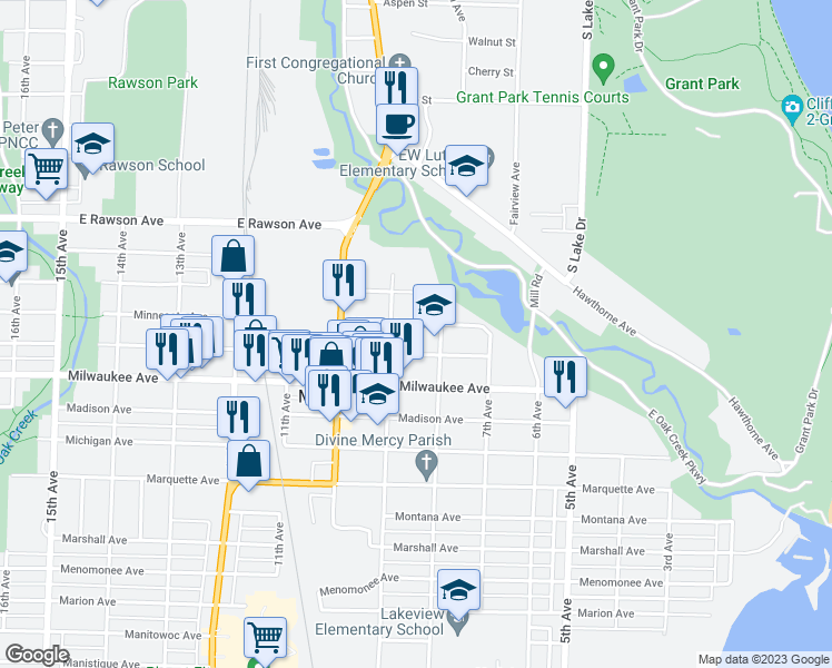 map of restaurants, bars, coffee shops, grocery stores, and more near 818 Monroe Avenue in South Milwaukee