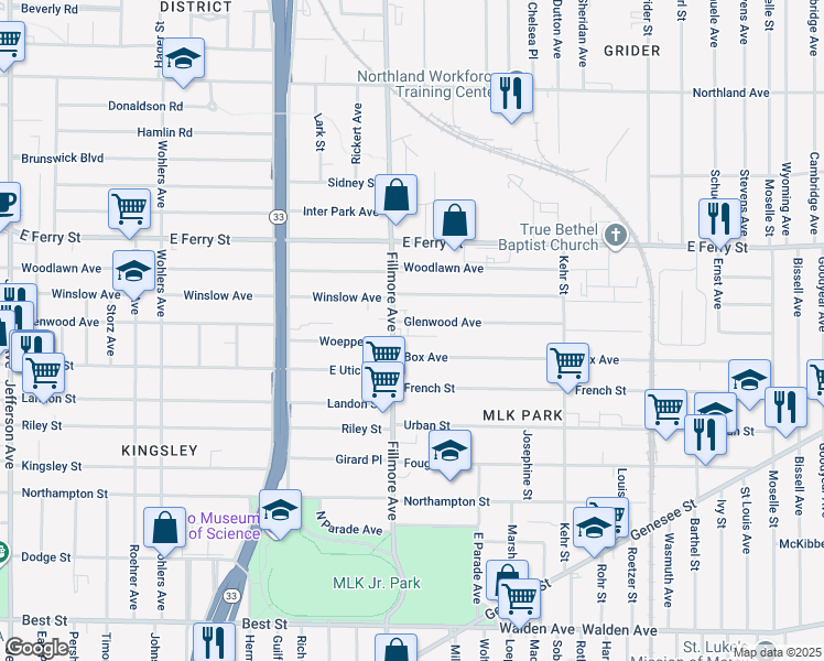 map of restaurants, bars, coffee shops, grocery stores, and more near 24 Roeder Street in Buffalo