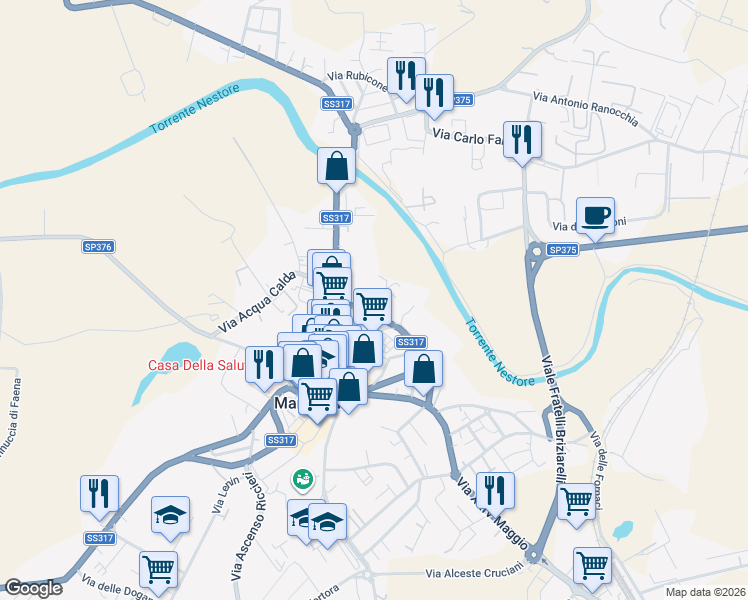 map of restaurants, bars, coffee shops, grocery stores, and more near Via del Mattatoio in Marsciano
