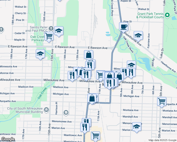 map of restaurants, bars, coffee shops, grocery stores, and more near in South Milwaukee