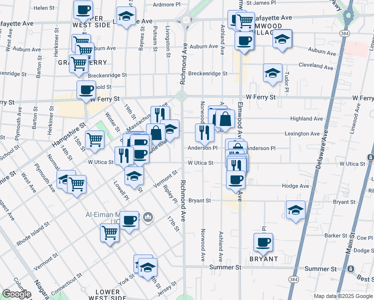 map of restaurants, bars, coffee shops, grocery stores, and more near 353 Richmond Avenue in Buffalo