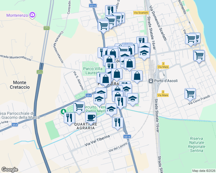 map of restaurants, bars, coffee shops, grocery stores, and more near 31 Via Torino in San Benedetto del Tronto