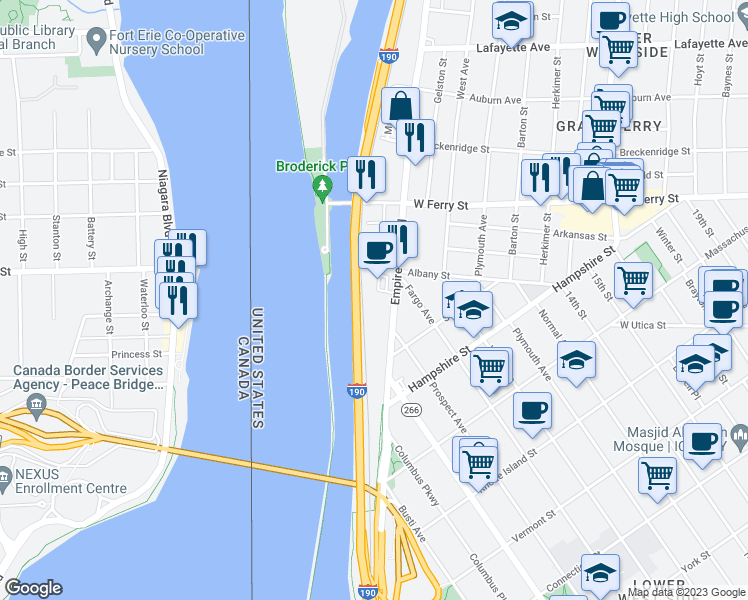 map of restaurants, bars, coffee shops, grocery stores, and more near 1050 Niagara Street in Buffalo
