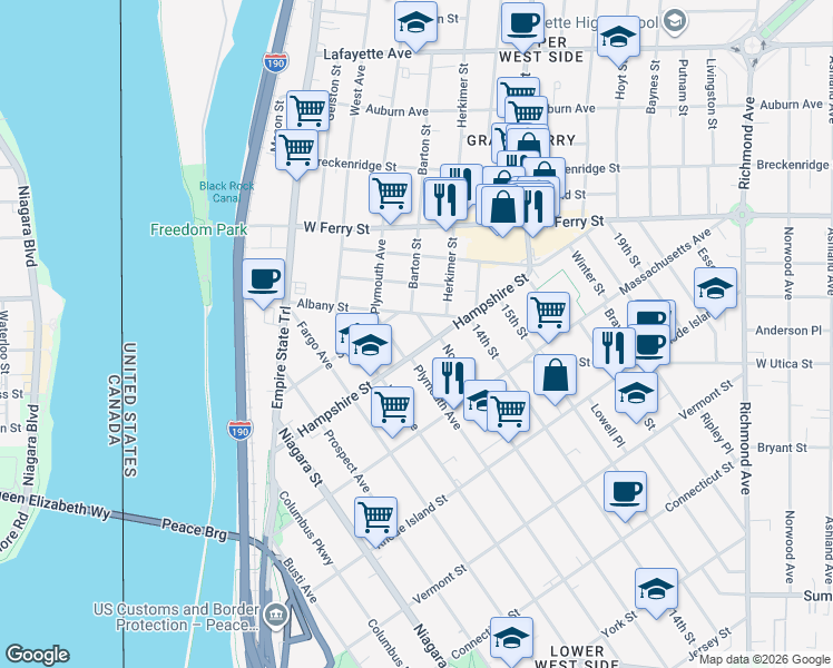 map of restaurants, bars, coffee shops, grocery stores, and more near in Buffalo