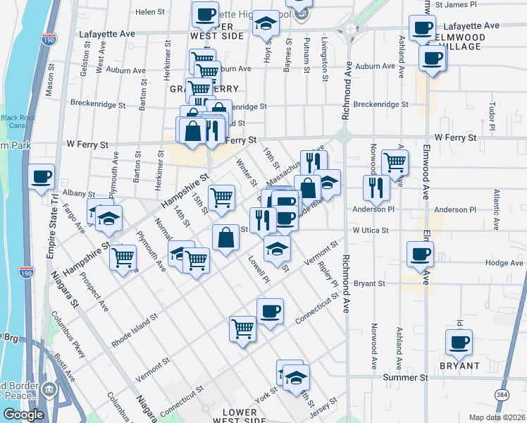 map of restaurants, bars, coffee shops, grocery stores, and more near 104 Brayton Street in Buffalo