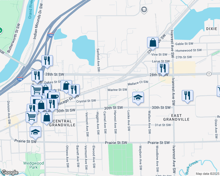 map of restaurants, bars, coffee shops, grocery stores, and more near 3594 Chicago Drive Southwest in Grandville