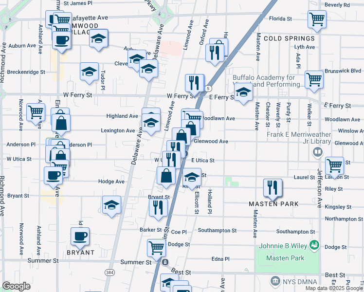 map of restaurants, bars, coffee shops, grocery stores, and more near in Buffalo