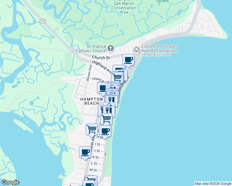 map of restaurants, bars, coffee shops, grocery stores, and more near 7 A Street in Hampton
