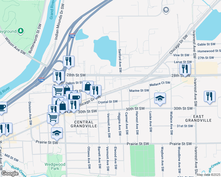 map of restaurants, bars, coffee shops, grocery stores, and more near 2885 Elwood Avenue Southwest in Grandville