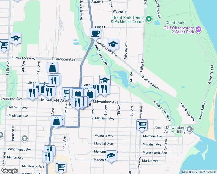 map of restaurants, bars, coffee shops, grocery stores, and more near 727 Minnesota Avenue in South Milwaukee
