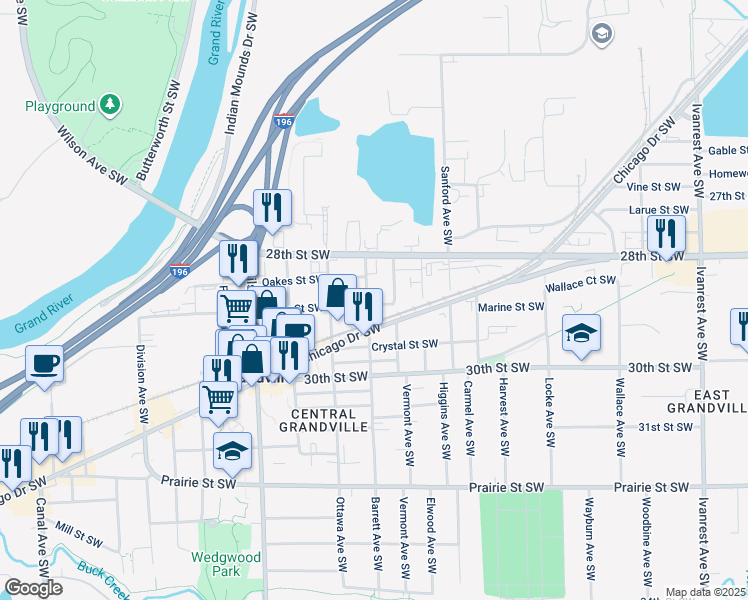 map of restaurants, bars, coffee shops, grocery stores, and more near 3765 White Street Southwest in Grandville