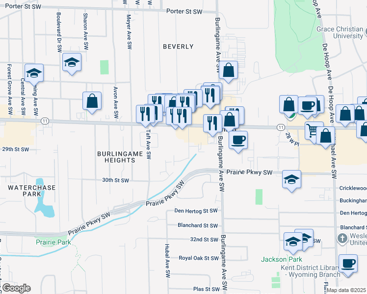 map of restaurants, bars, coffee shops, grocery stores, and more near 2847 Oak Valley Avenue Southwest in Wyoming