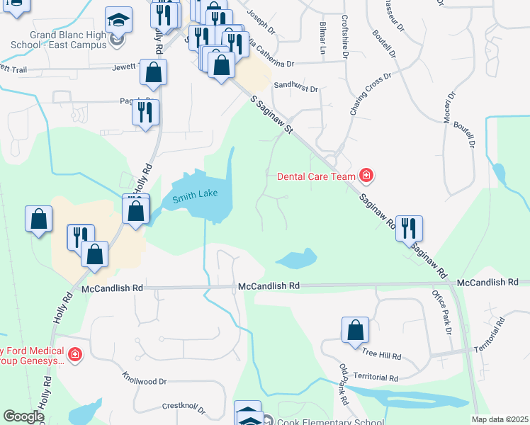 map of restaurants, bars, coffee shops, grocery stores, and more near 8081 Pepperwood Drive in Grand Blanc