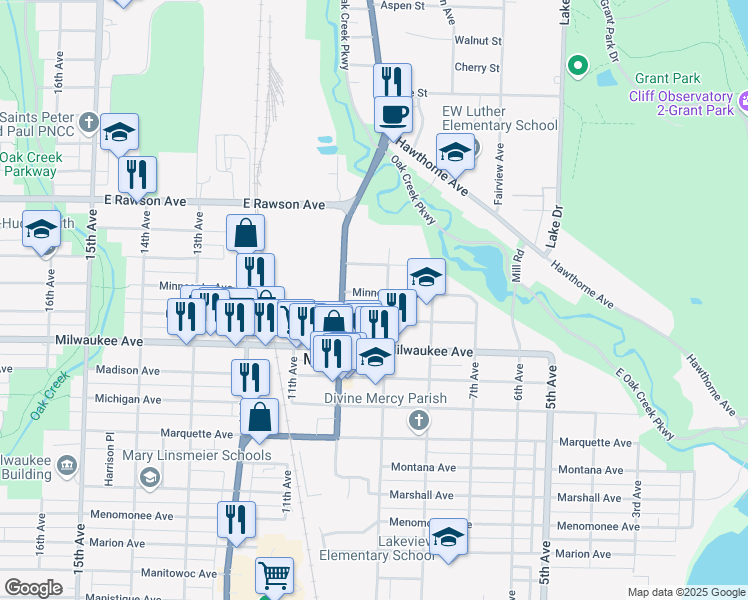 map of restaurants, bars, coffee shops, grocery stores, and more near 907 Minnesota Avenue in South Milwaukee
