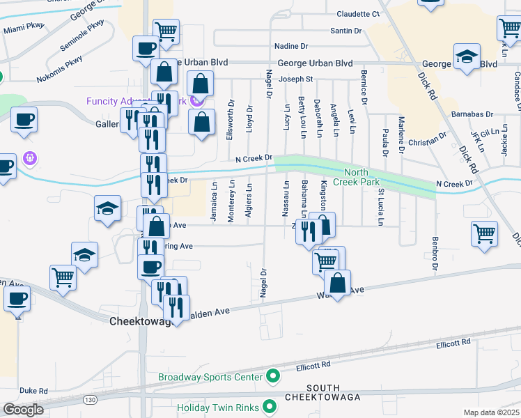 map of restaurants, bars, coffee shops, grocery stores, and more near 279 Nagel Drive in Buffalo