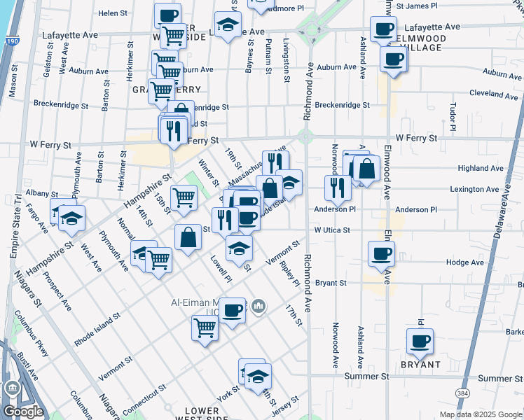 map of restaurants, bars, coffee shops, grocery stores, and more near 444 Rhode Island Street in Buffalo