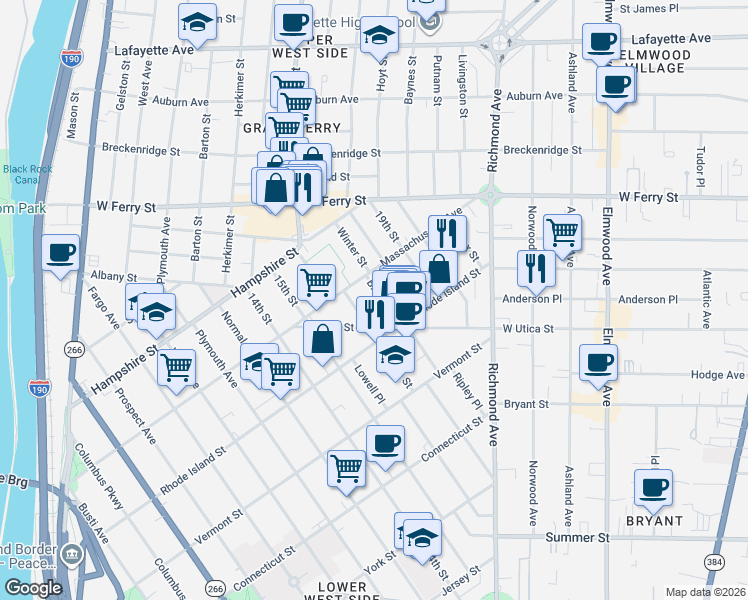 map of restaurants, bars, coffee shops, grocery stores, and more near 90 Brayton Street in Buffalo