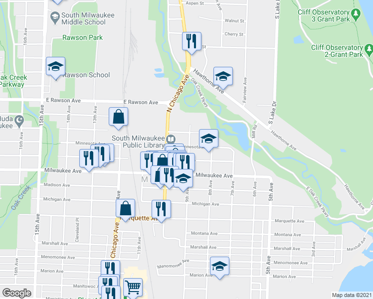 map of restaurants, bars, coffee shops, grocery stores, and more near 907 Minnesota Avenue in South Milwaukee