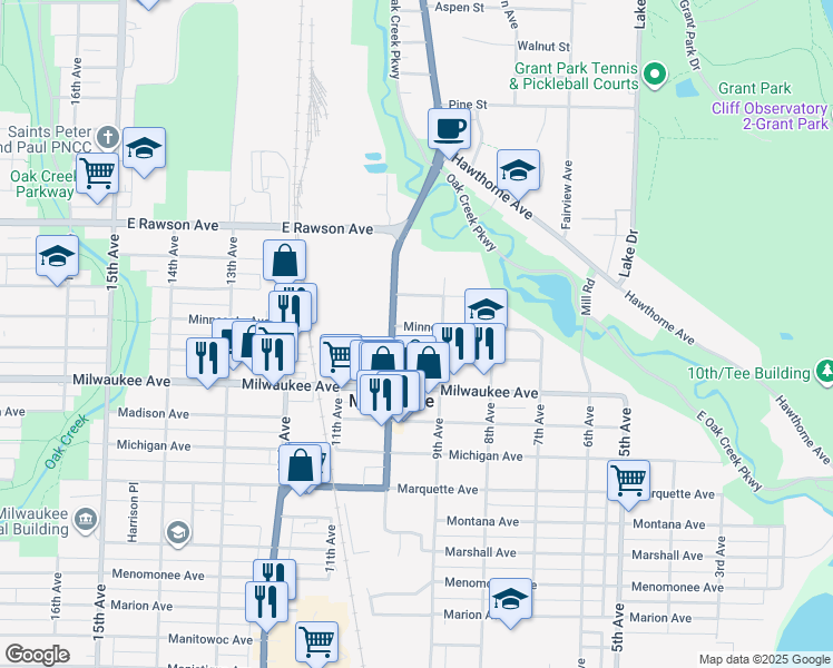map of restaurants, bars, coffee shops, grocery stores, and more near 907 Minnesota Avenue in South Milwaukee