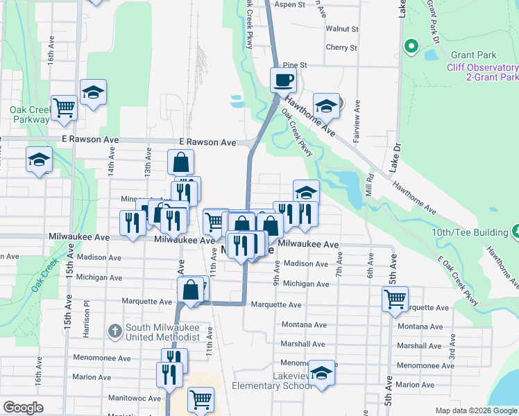 map of restaurants, bars, coffee shops, grocery stores, and more near 907 Minnesota Avenue in South Milwaukee