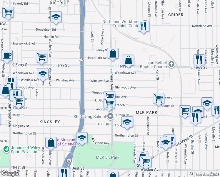 map of restaurants, bars, coffee shops, grocery stores, and more near 82 Woeppel Street in Buffalo
