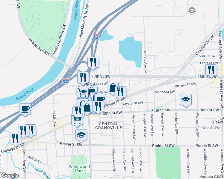 map of restaurants, bars, coffee shops, grocery stores, and more near 3840 White Street Southwest in Grandville