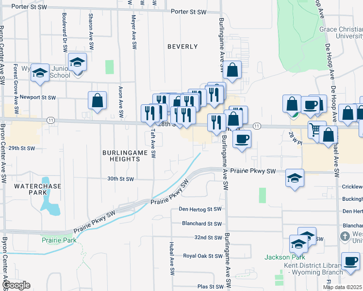 map of restaurants, bars, coffee shops, grocery stores, and more near 2857 Oak Valley Avenue Southwest in Wyoming