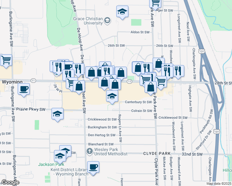 map of restaurants, bars, coffee shops, grocery stores, and more near 1026 28th Street Southwest in Wyoming