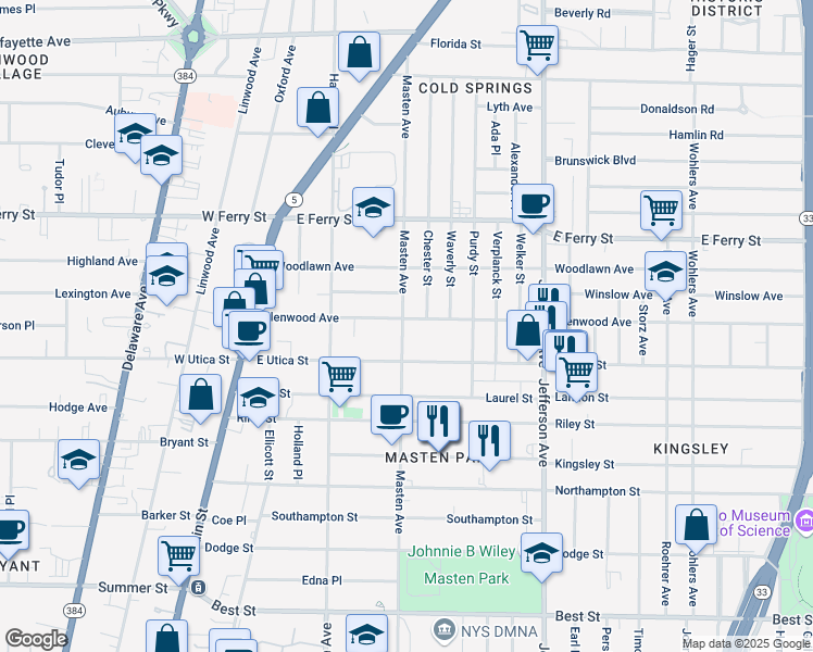 map of restaurants, bars, coffee shops, grocery stores, and more near 159 Glenwood Avenue in Buffalo