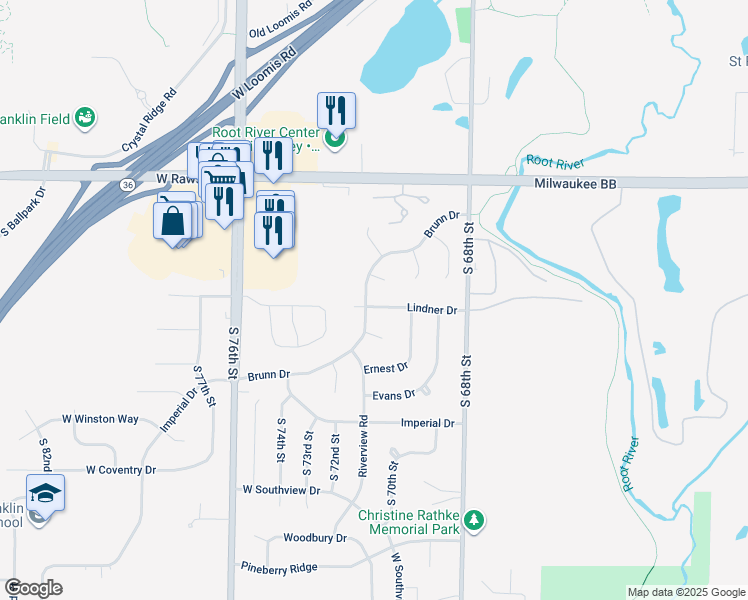 map of restaurants, bars, coffee shops, grocery stores, and more near 7058 Lindner Drive in Franklin