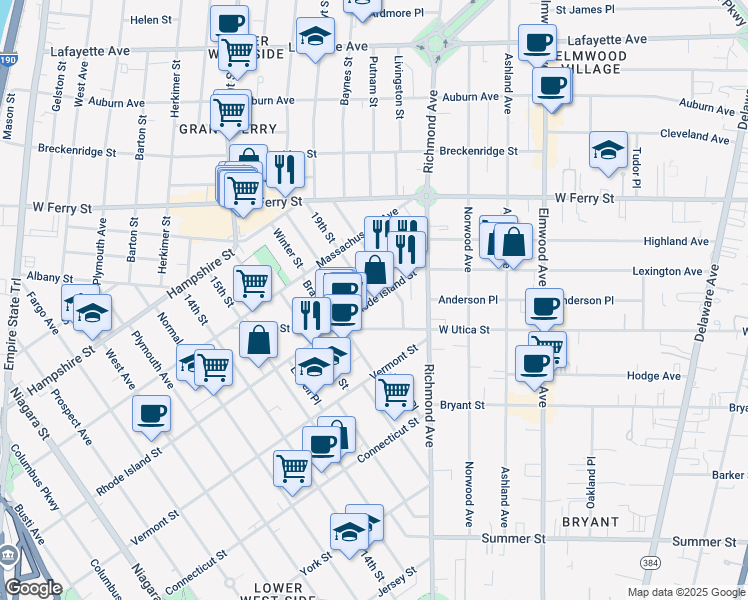 map of restaurants, bars, coffee shops, grocery stores, and more near Rhode Island St & 19th St in Buffalo