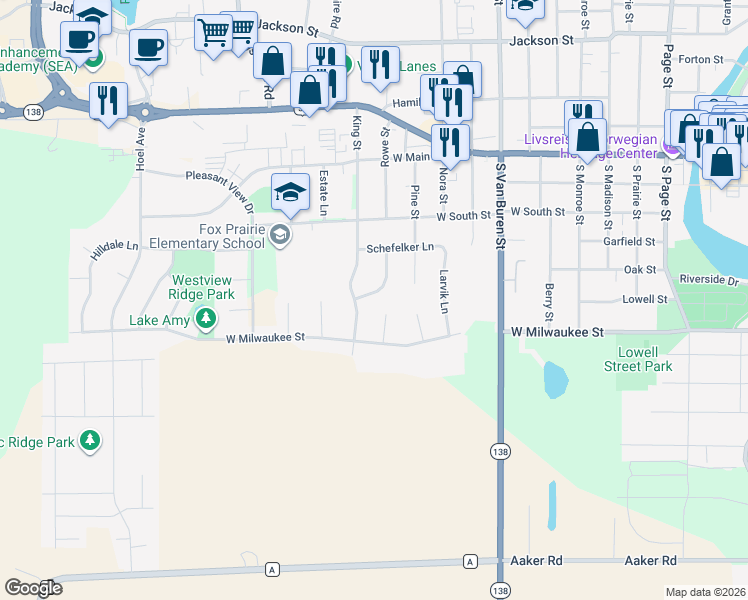 map of restaurants, bars, coffee shops, grocery stores, and more near 809 King Street in Stoughton