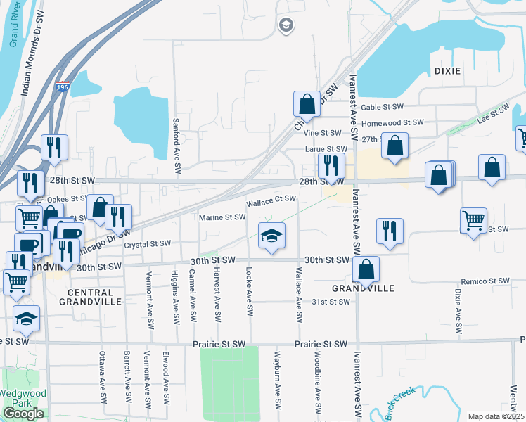 map of restaurants, bars, coffee shops, grocery stores, and more near 3468 Wallace Court Southwest in Grandville