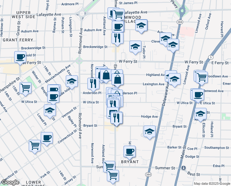 map of restaurants, bars, coffee shops, grocery stores, and more near Elmwood Ave & Anderson Pl in Buffalo