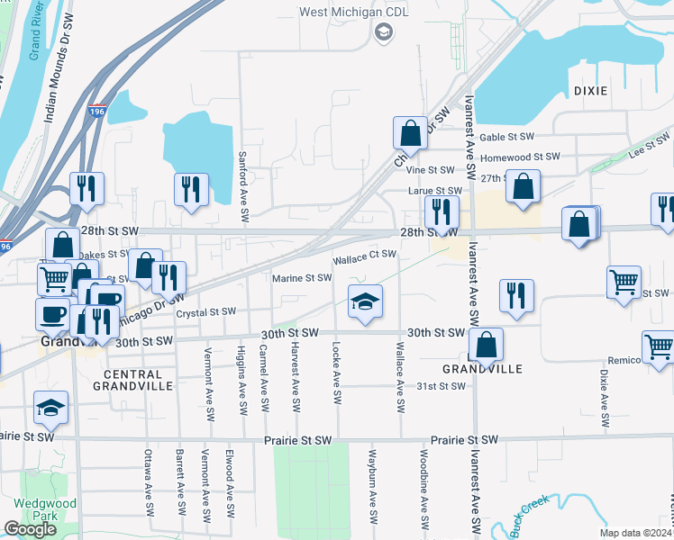 map of restaurants, bars, coffee shops, grocery stores, and more near 3484 Wallace Court Southwest in Grandville