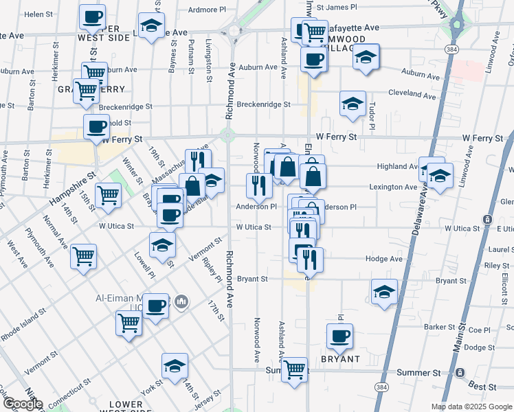 map of restaurants, bars, coffee shops, grocery stores, and more near Norwood Avenue & Anderson Place in Buffalo