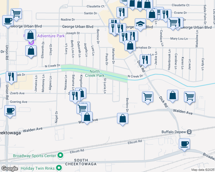 map of restaurants, bars, coffee shops, grocery stores, and more near 19 Saint Lucia Lane in Buffalo