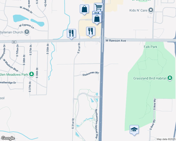 map of restaurants, bars, coffee shops, grocery stores, and more near 2950 Statesman Way in Franklin