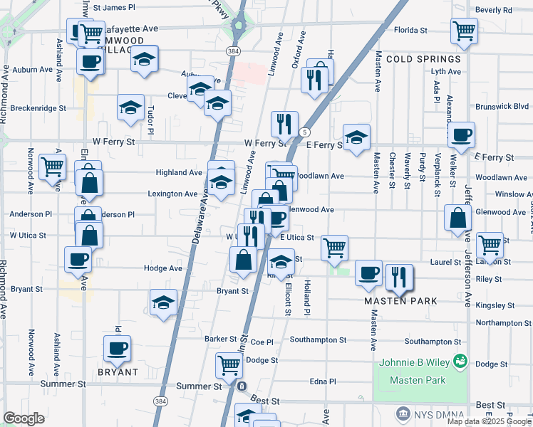 map of restaurants, bars, coffee shops, grocery stores, and more near in Buffalo