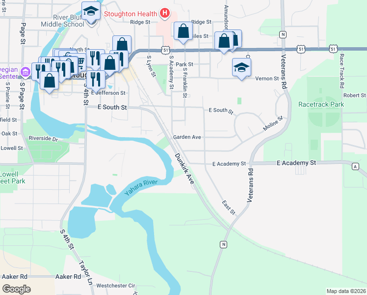 map of restaurants, bars, coffee shops, grocery stores, and more near 1000 Moline Street in Stoughton
