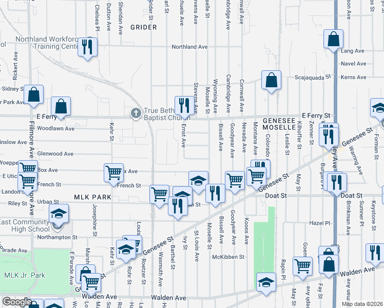 map of restaurants, bars, coffee shops, grocery stores, and more near 41 Frankfort Avenue in Buffalo
