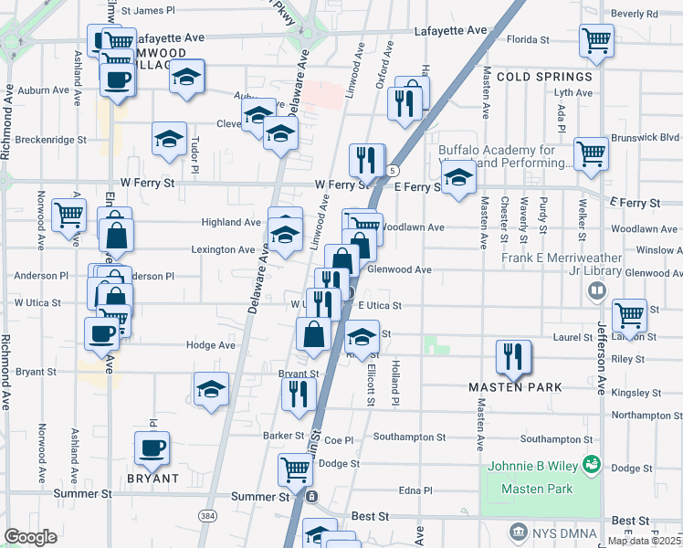 map of restaurants, bars, coffee shops, grocery stores, and more near in Buffalo